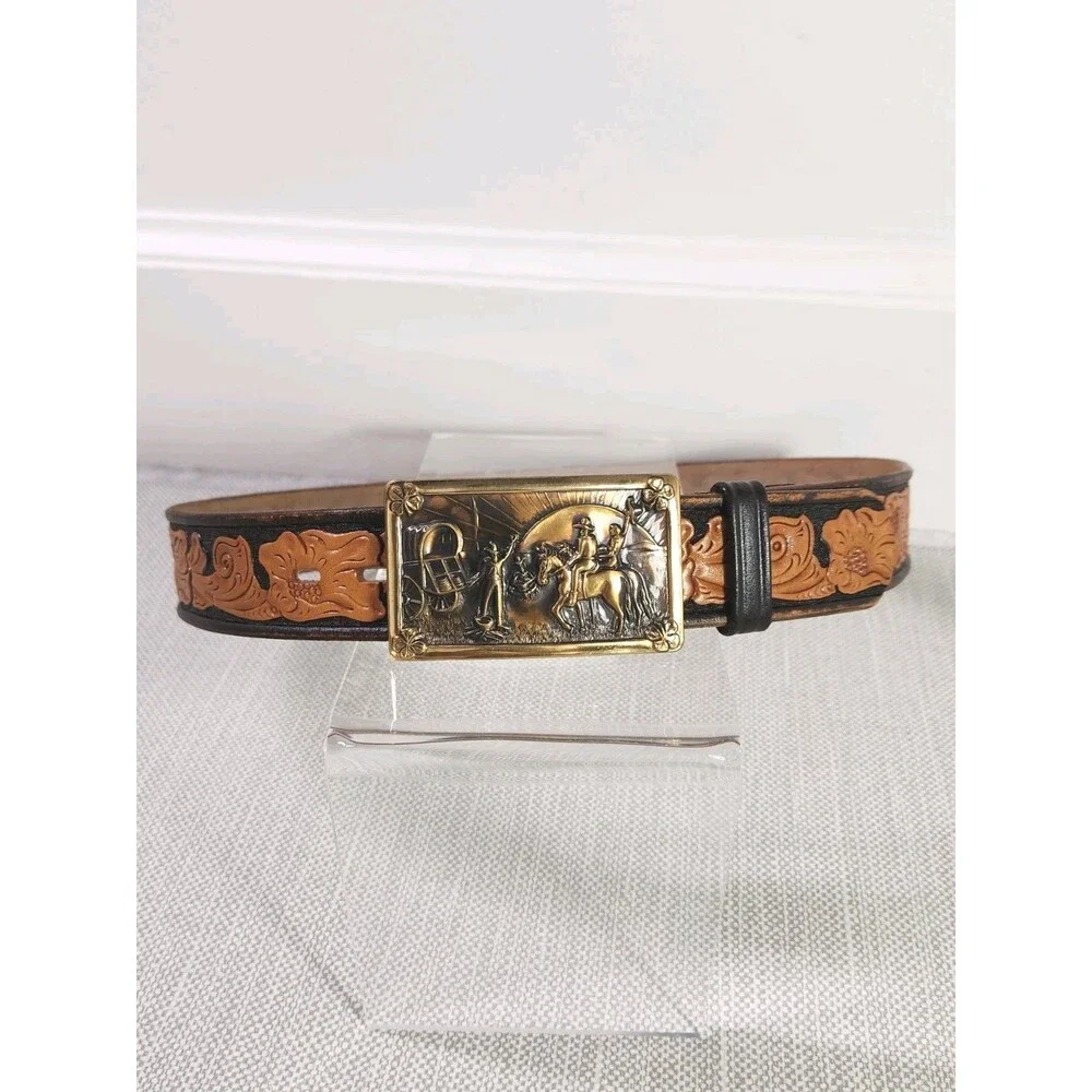 Chambers Size 32 Belt Western Tooled Leather Brown Tan Cowboy Men